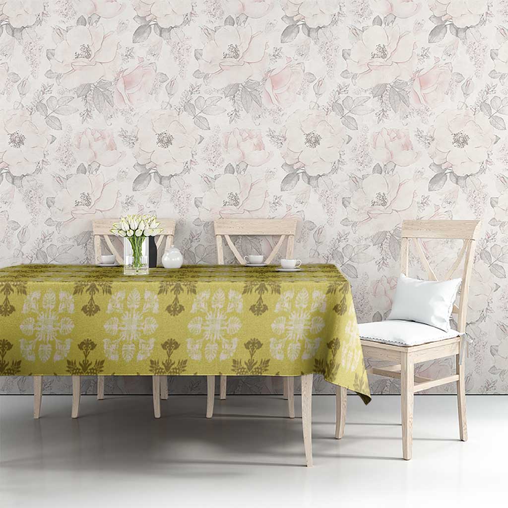 Yellow Hawaiian Quilt Tablecloth Hawaii Pineapple Monstera Palaka Motifs - Polynesian Pride