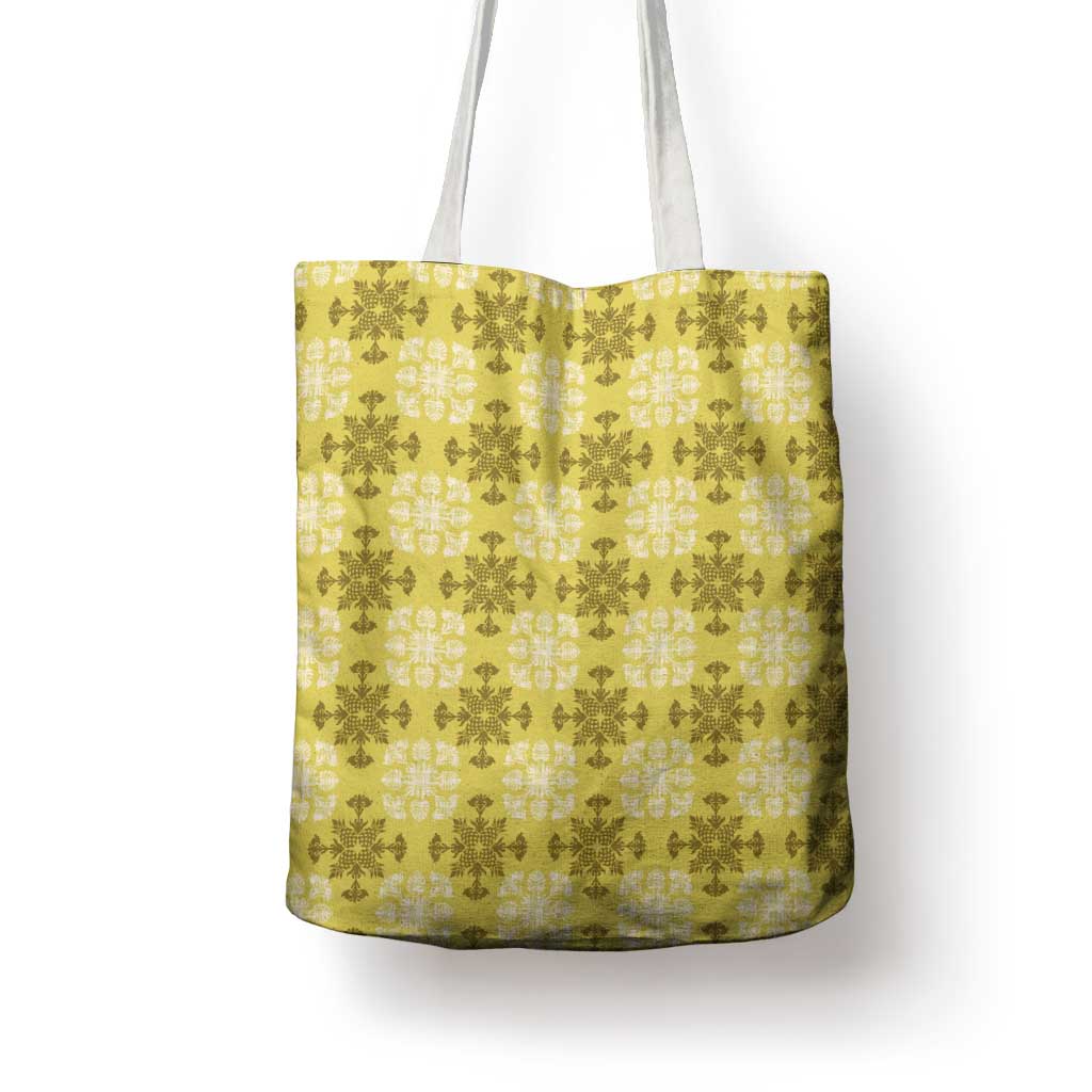Yellow Hawaiian Quilt Tote Bag Hawaii Pineapple Monstera Palaka Motifs - Polynesian Pride