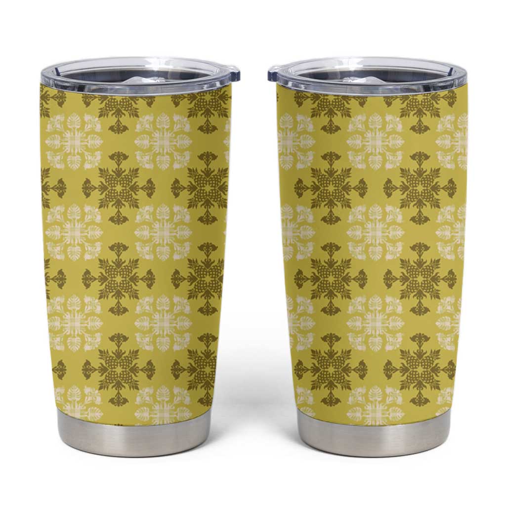 Yellow Hawaiian Quilt Tumbler Cup Hawaii Pineapple Monstera Palaka Motifs - Polynesian Pride