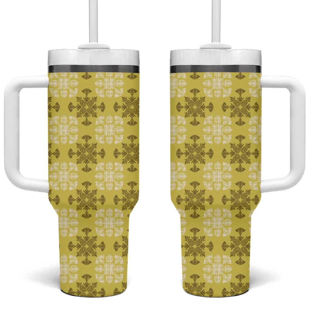 Yellow Hawaiian Quilt Tumbler With Handle Hawaii Pineapple Monstera Palaka Motifs - Polynesian Pride