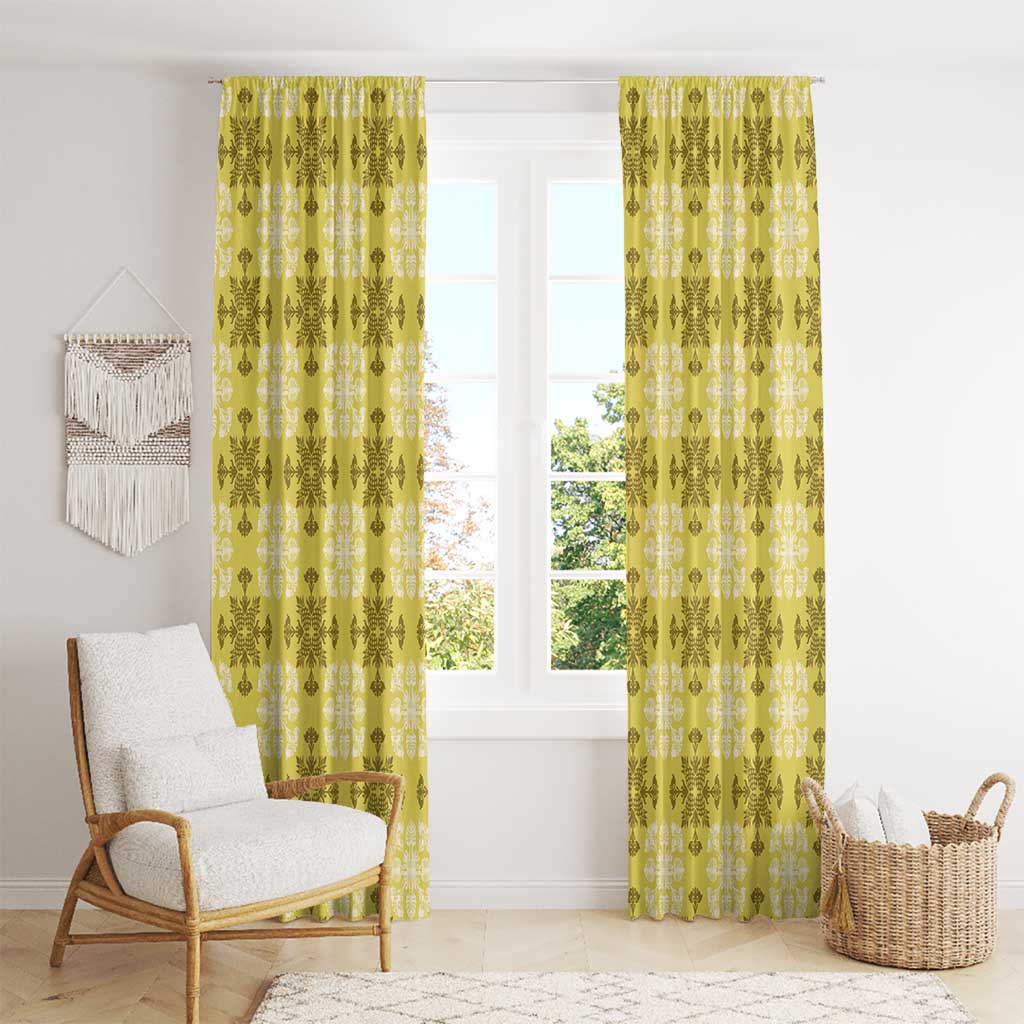 Yellow Hawaiian Quilt Window Curtain Hawaii Pineapple Monstera Palaka Motifs - Polynesian Pride