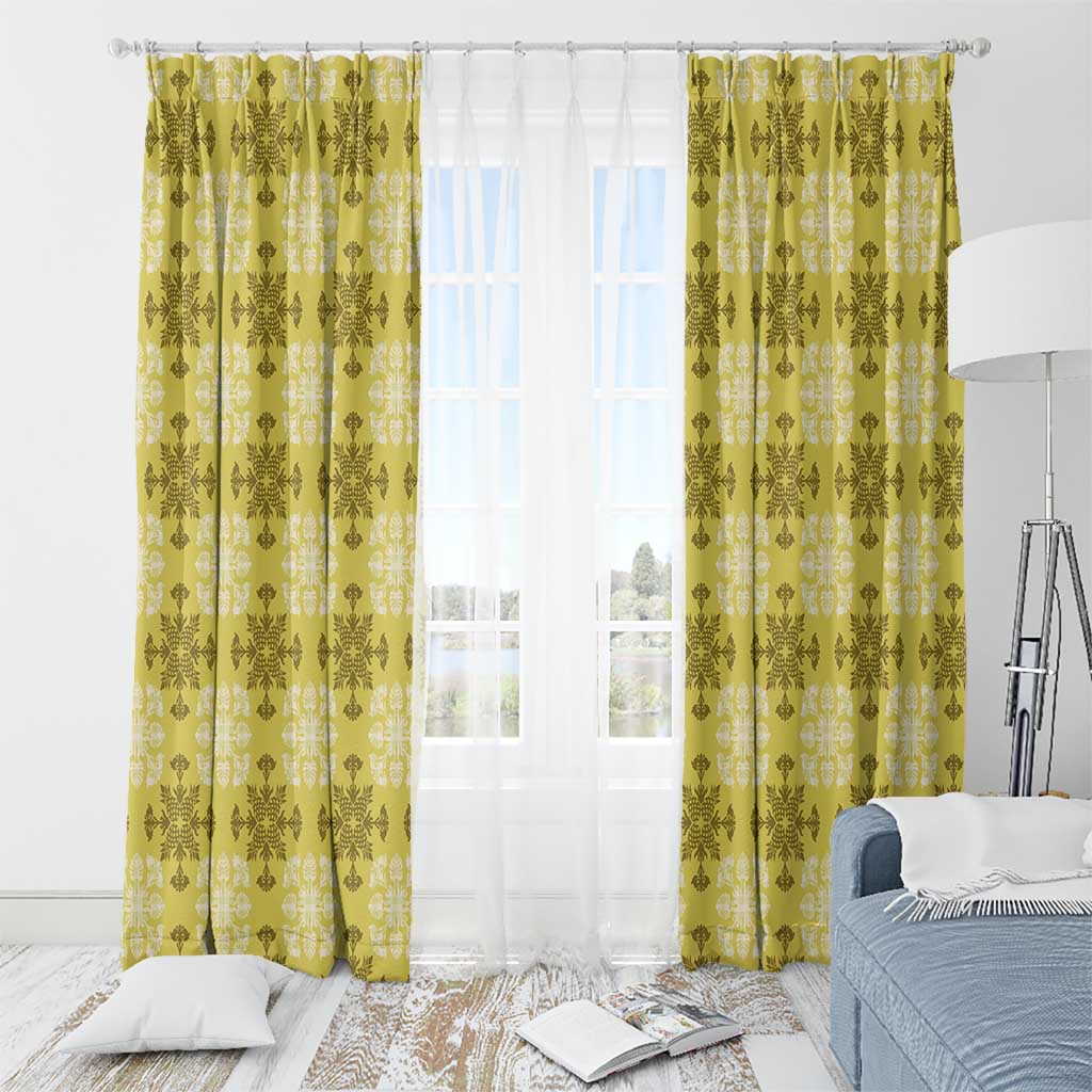 Yellow Hawaiian Quilt Window Curtain Hawaii Pineapple Monstera Palaka Motifs - Polynesian Pride
