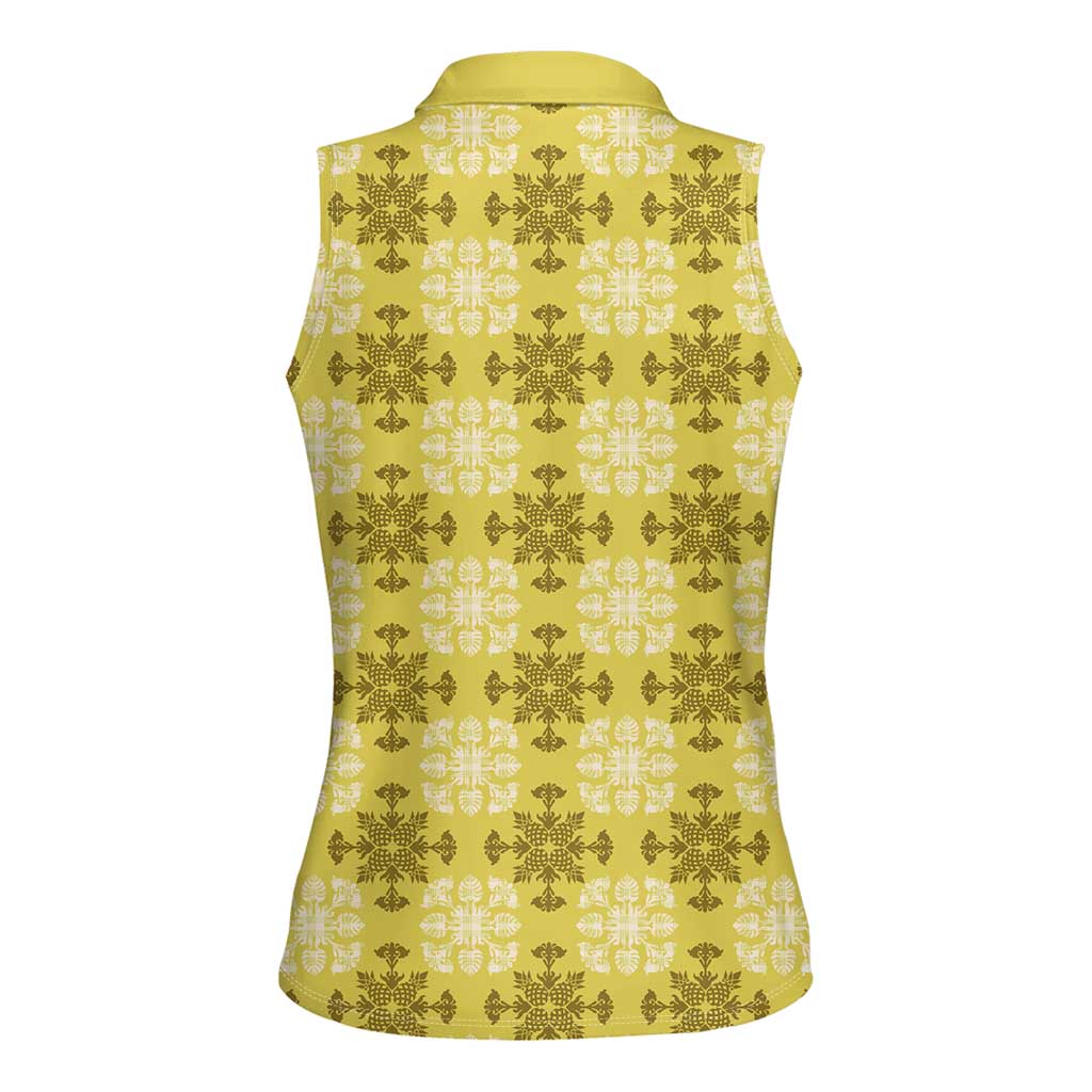 Yellow Hawaiian Quilt Women Sleeveless Polo Shirt Hawaii Pineapple Monstera Palaka Motifs - Polynesian Pride