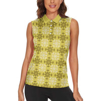 Yellow Hawaiian Quilt Women Sleeveless Polo Shirt Hawaii Pineapple Monstera Palaka Motifs - Polynesian Pride
