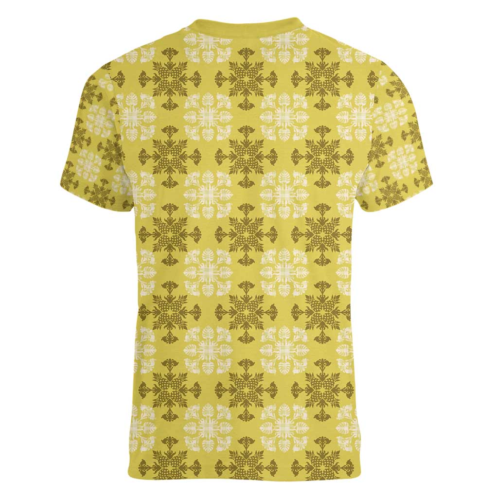 Yellow Hawaiian Quilt Women V-Neck T-Shirt Hawaii Pineapple Monstera Palaka Motifs - Polynesian Pride