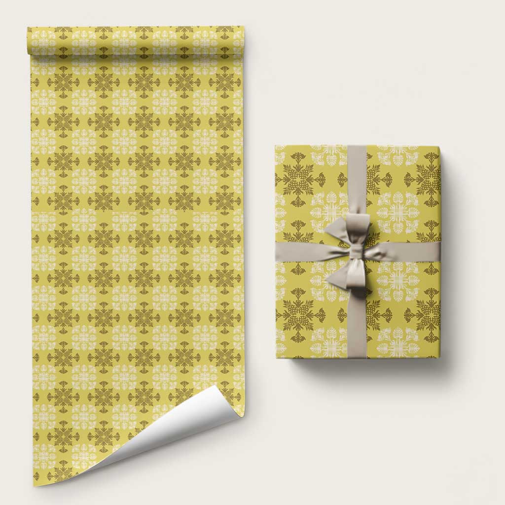 Yellow Hawaiian Quilt Wrapping Paper Hawaii Pineapple Monstera Palaka Motifs - Polynesian Pride