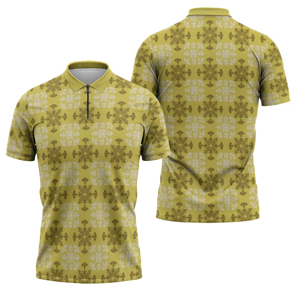 Yellow Hawaiian Quilt Zipper Polo Shirt Hawaii Pineapple Monstera Palaka Motifs - Polynesian Pride