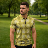 Yellow Hawaiian Quilt Zipper Polo Shirt Hawaii Pineapple Monstera Palaka Motifs - Polynesian Pride