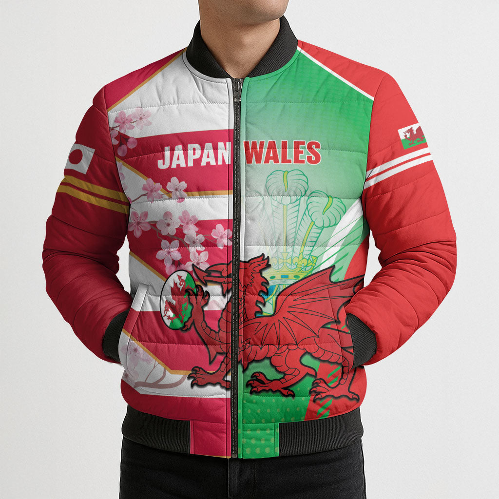 Japan and Wales Rugby Custom Bomber Puffer Jacket Brave Blossoms Welsh Dragon Together LT14 - Polynesian Pride