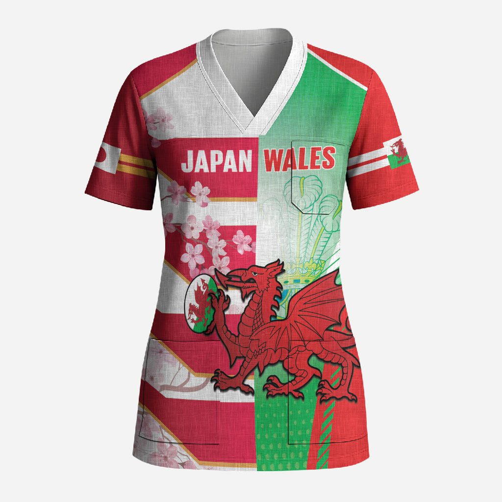 Japan and Wales Rugby Custom Scrub Top Brave Blossoms Welsh Dragon Together LT14 Adult Red - Polynesian Pride