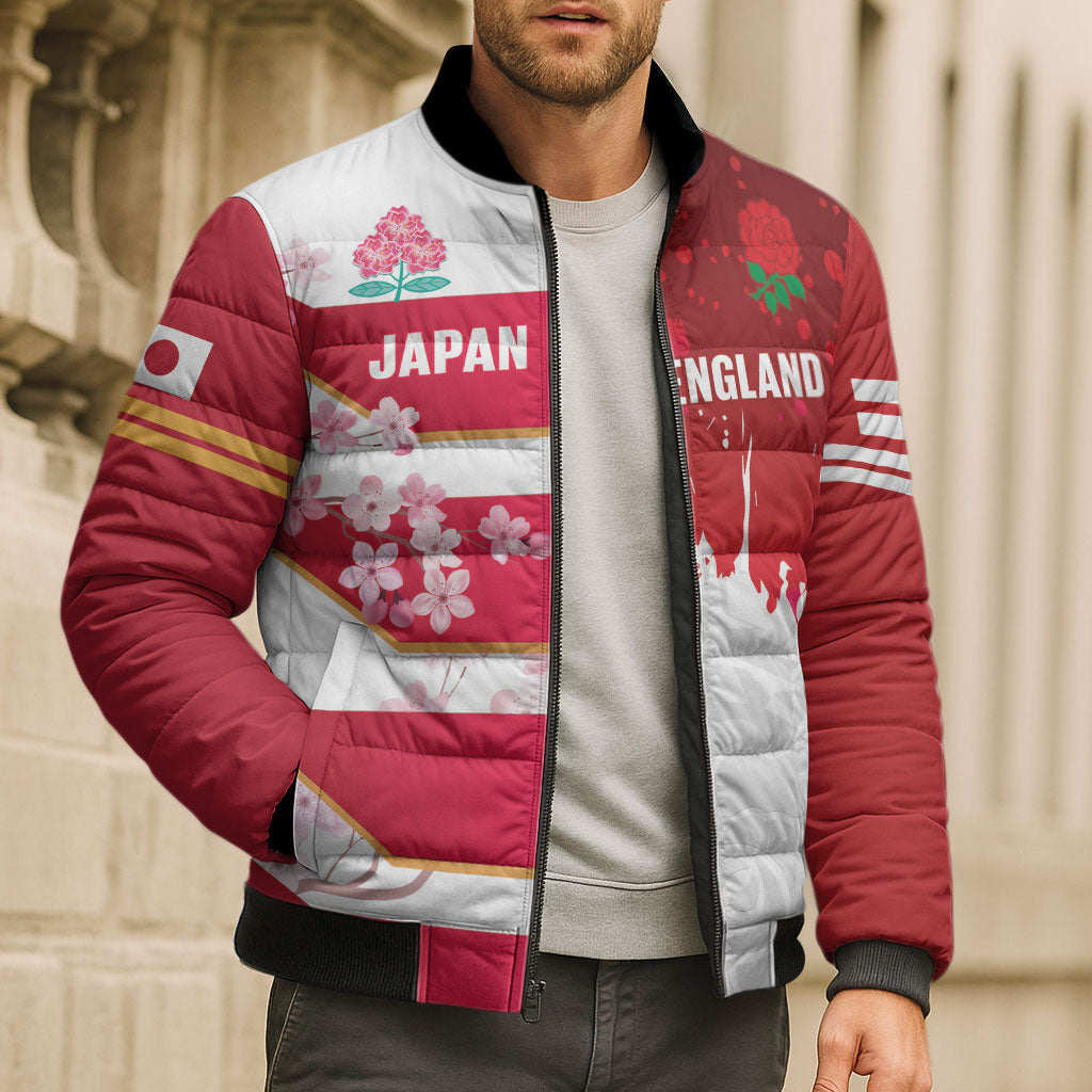 Japan and England Rugby Custom Bomber Puffer Jacket Brave Blossoms Red Roses Together LT14 - Polynesian Pride