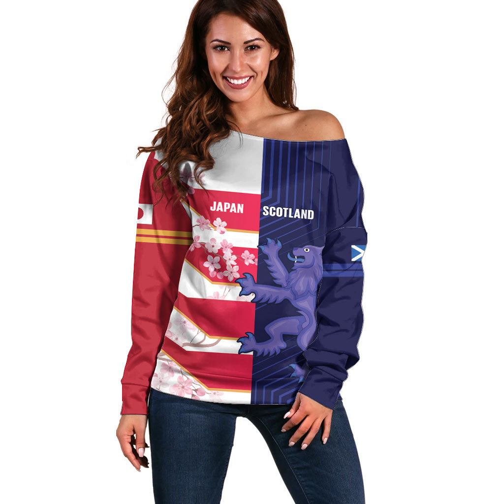 Japan and Scotland Rugby Custom Off Shoulder Sweater Brave Blossoms Scottish Thistle Together LT14 Women Multicolor - Polynesian Pride