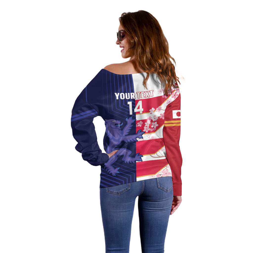 Japan and Scotland Rugby Custom Off Shoulder Sweater Brave Blossoms Scottish Thistle Together LT14 - Polynesian Pride