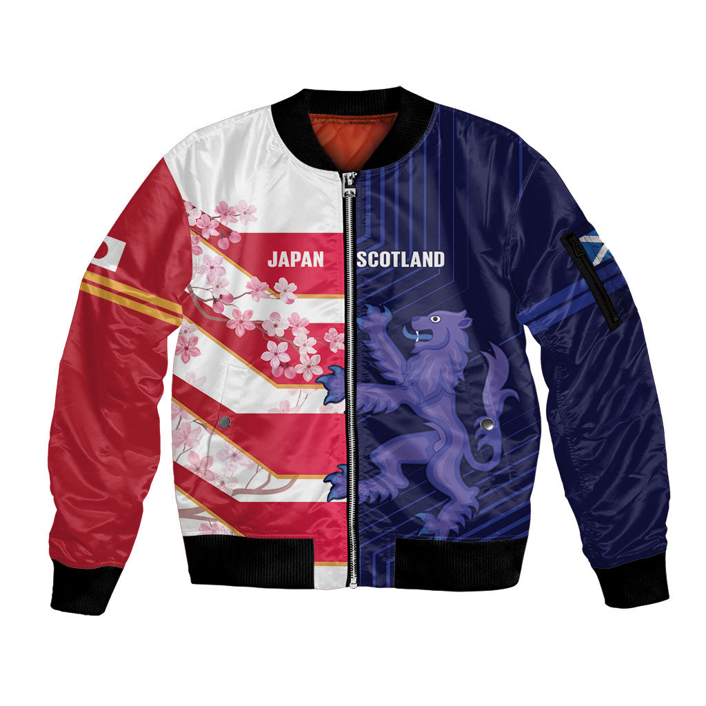 Japan and Scotland Rugby Custom Sleeve Zip Bomber Jacket Brave Blossoms Scottish Thistle Together LT14 Unisex Multicolor - Polynesian Pride