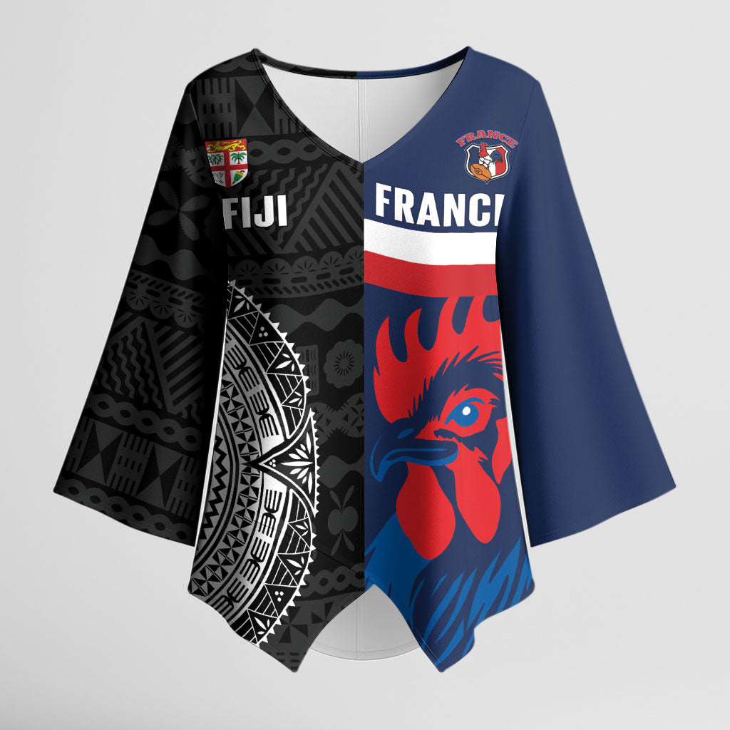 Fiji and France Rugby Custom Kimono Sleeve Blouse Flying Fijian Les Bleus Together LT14 Female Multicolor - Polynesian Pride