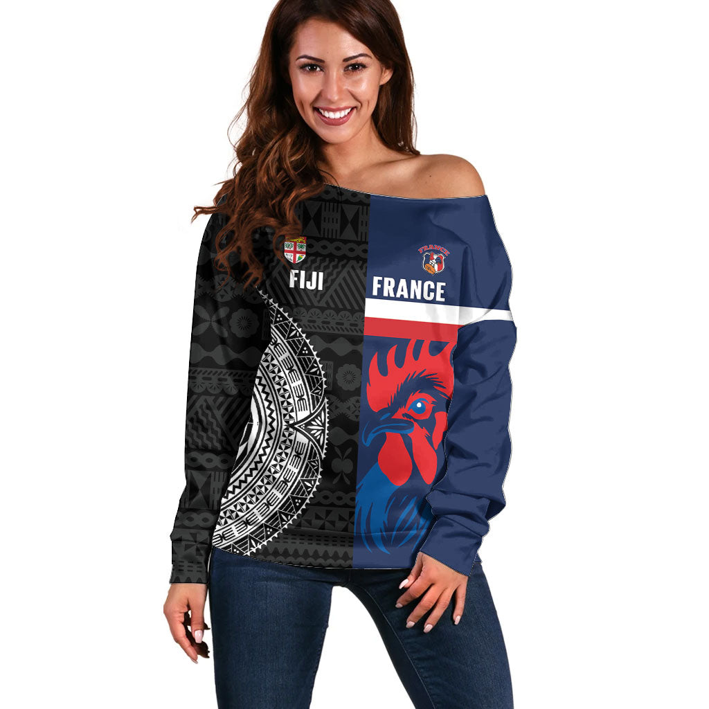 Fiji and France Rugby Custom Off Shoulder Sweater Flying Fijian Les Bleus Together LT14 Women Multicolor - Polynesian Pride