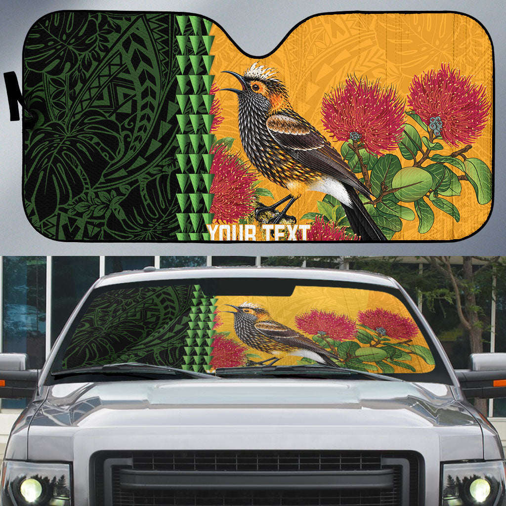 Personalized Hawaii Akohekohe Ohia Lehua Auto Sun Shade Crested Honeycreeper Kakau Hawaiian Pattern LT14 Orange - Polynesian Pride