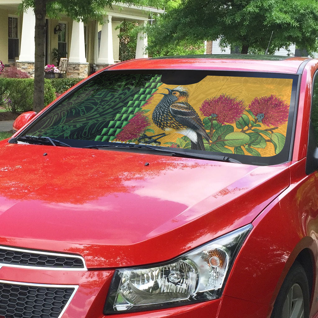 Personalized Hawaii Akohekohe Ohia Lehua Auto Sun Shade Crested Honeycreeper Kakau Hawaiian Pattern LT14 - Polynesian Pride