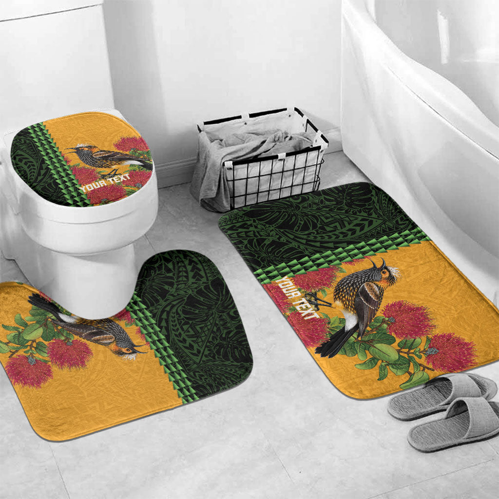 Personalized Hawaii Akohekohe Ohia Lehua Bathroom Set Crested Honeycreeper Kakau Hawaiian Pattern LT14 Mat Set Only (3 pcs) One Size Orange - Polynesian Pride