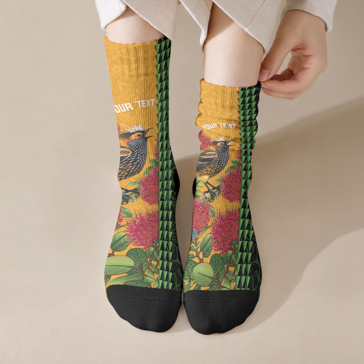 Personalized Hawaii Akohekohe Ohia Lehua Crew Socks Crested Honeycreeper Kakau Hawaiian Pattern LT14 Crew Socks Orange - Polynesian Pride