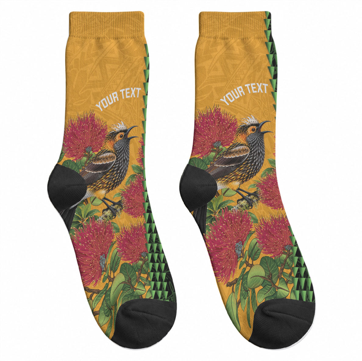 Personalized Hawaii Akohekohe Ohia Lehua Crew Socks Crested Honeycreeper Kakau Hawaiian Pattern LT14 - Polynesian Pride