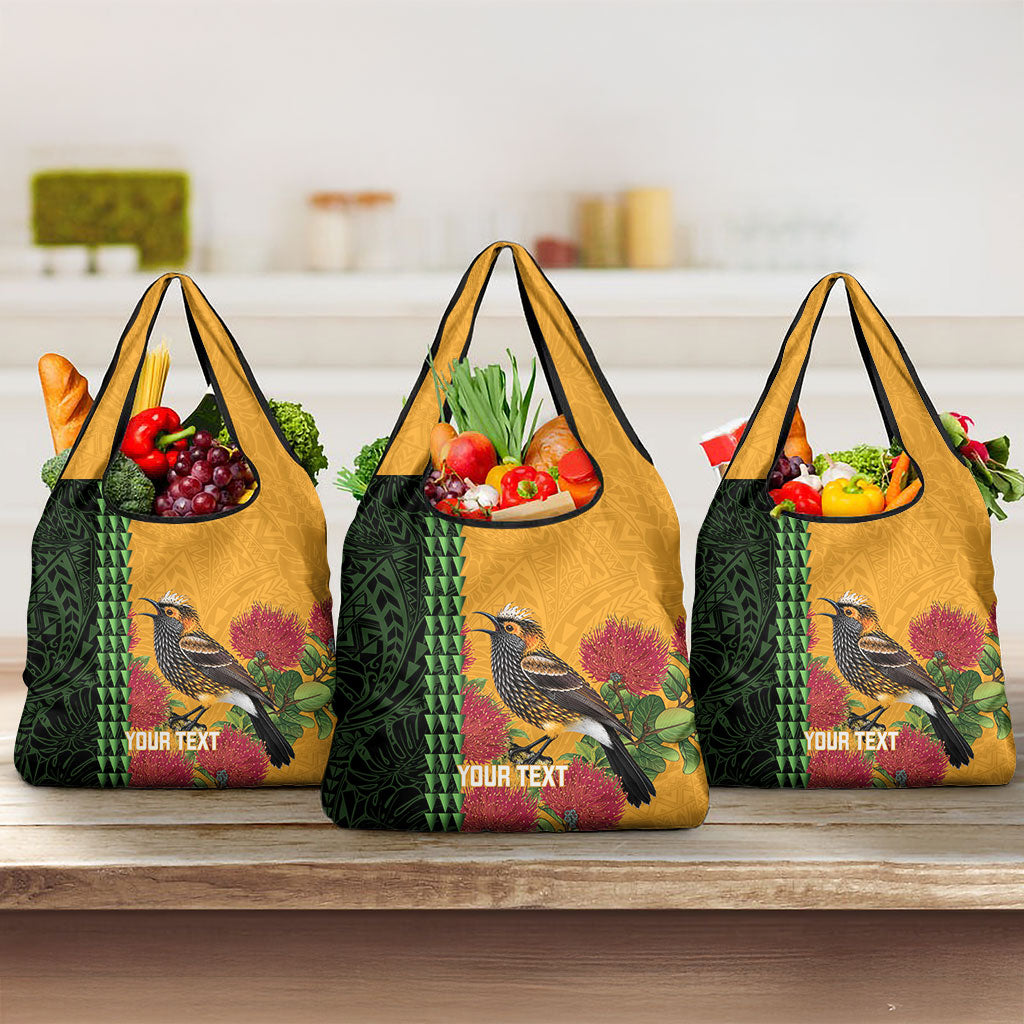 Personalized Hawaii Akohekohe Ohia Lehua Grocery Bag Crested Honeycreeper Kakau Hawaiian Pattern LT14 3-pack One Size Orange - Polynesian Pride