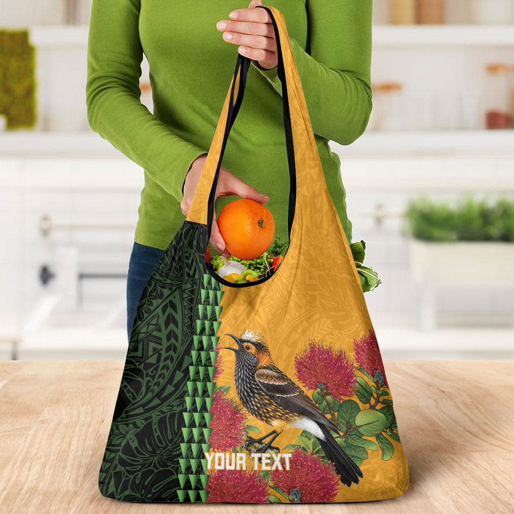 Personalized Hawaii Akohekohe Ohia Lehua Grocery Bag Crested Honeycreeper Kakau Hawaiian Pattern LT14 - Polynesian Pride