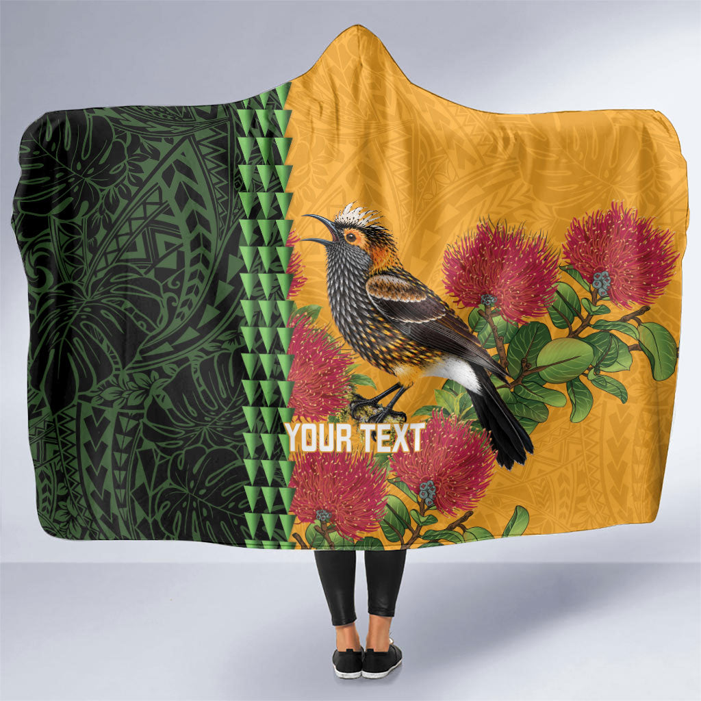 Personalized Hawaii Akohekohe Ohia Lehua Hooded Blanket Crested Honeycreeper Kakau Hawaiian Pattern LT14 One Size Orange - Polynesian Pride