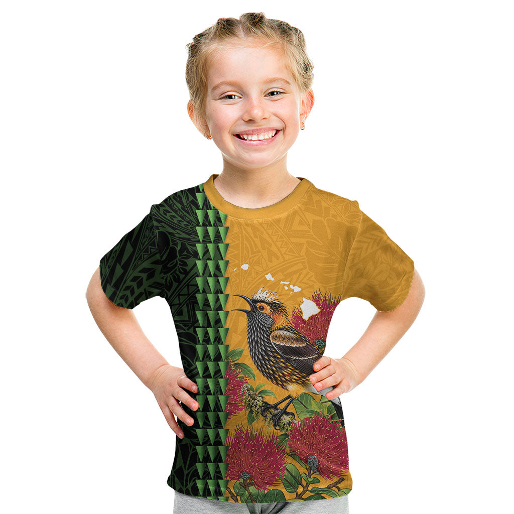 Personalized Hawaii Akohekohe Ohia Lehua Kid T Shirt Crested Honeycreeper Kakau Hawaiian Pattern LT14 Orange - Polynesian Pride
