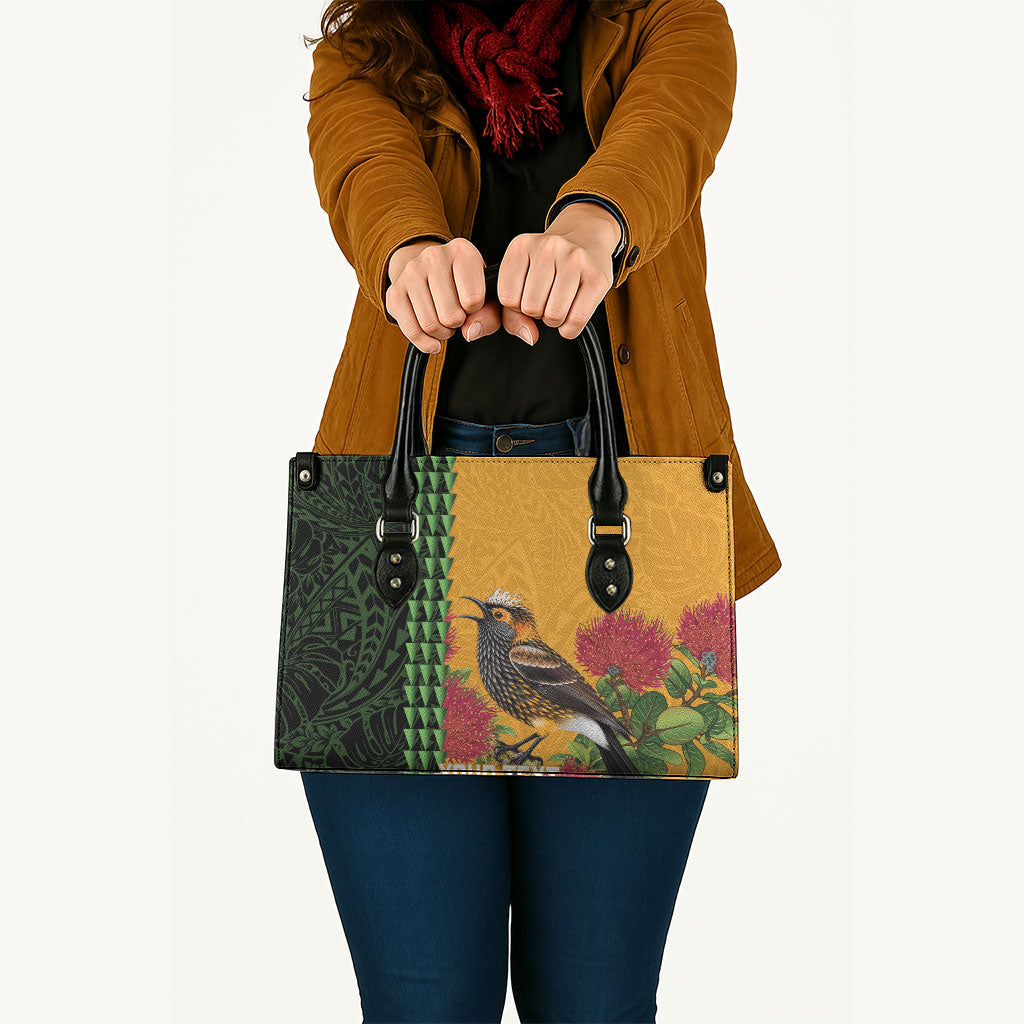 Personalized Hawaii Akohekohe Ohia Lehua Leather Bag Crested Honeycreeper Kakau Hawaiian Pattern LT14 - Polynesian Pride