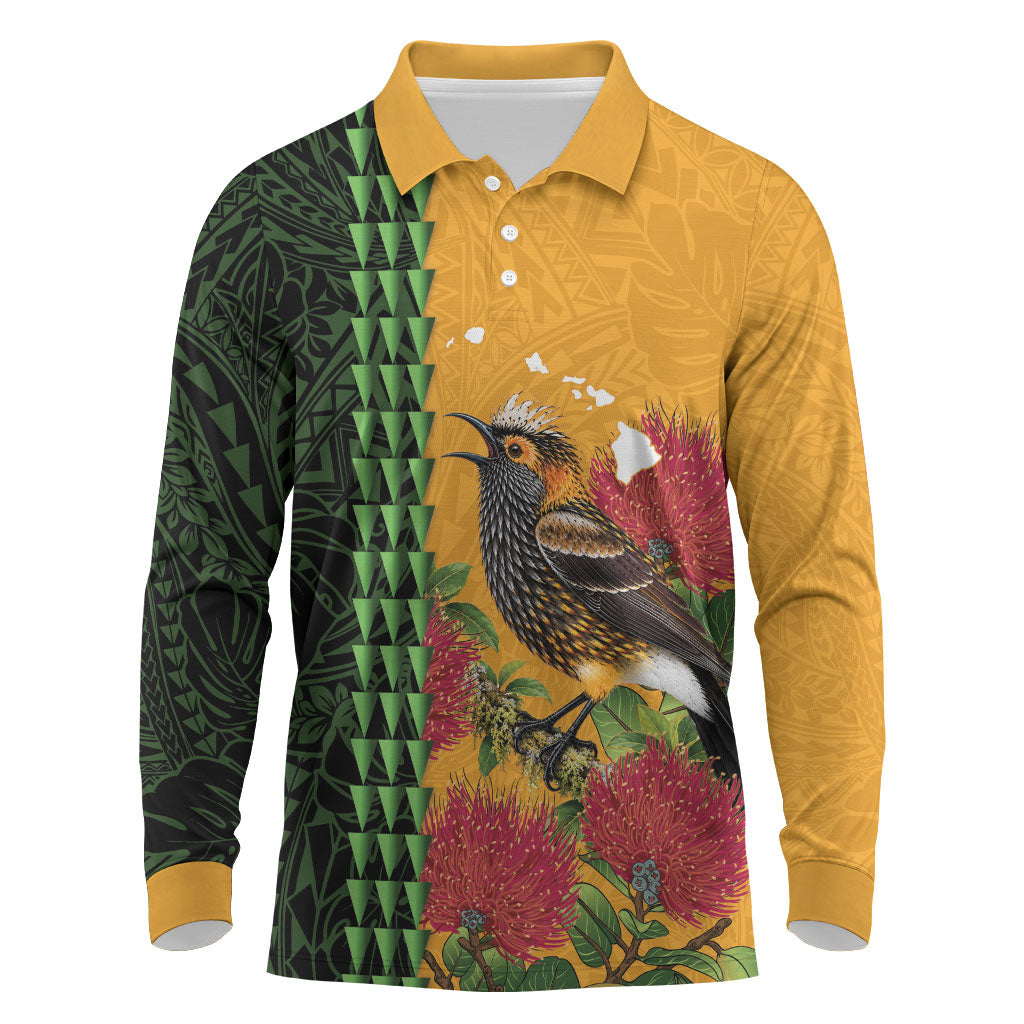 Personalized Hawaii Akohekohe Ohia Lehua Long Sleeve Polo Shirt Crested Honeycreeper Kakau Hawaiian Pattern LT14 Orange - Polynesian Pride
