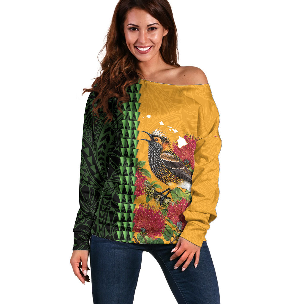 Personalized Hawaii Akohekohe Ohia Lehua Off Shoulder Sweater Crested Honeycreeper Kakau Hawaiian Pattern LT14 Women Orange - Polynesian Pride