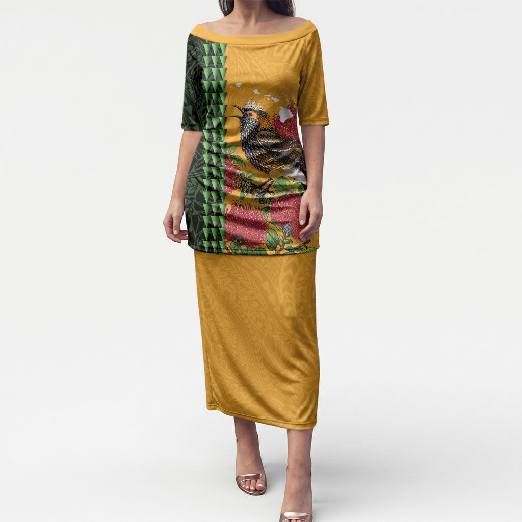 Personalized Hawaii Akohekohe Ohia Lehua Puletasi Crested Honeycreeper Kakau Hawaiian Pattern LT14 Long Dress Orange - Polynesian Pride