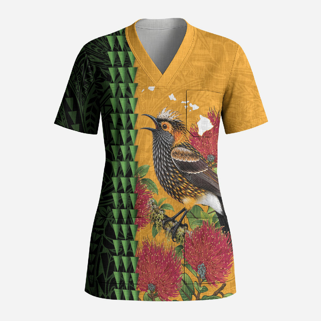Personalized Hawaii Akohekohe Ohia Lehua Scrub Top Crested Honeycreeper Kakau Hawaiian Pattern LT14 Adult Orange - Polynesian Pride