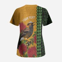 Personalized Hawaii Akohekohe Ohia Lehua Scrub Top Crested Honeycreeper Kakau Hawaiian Pattern LT14 - Polynesian Pride