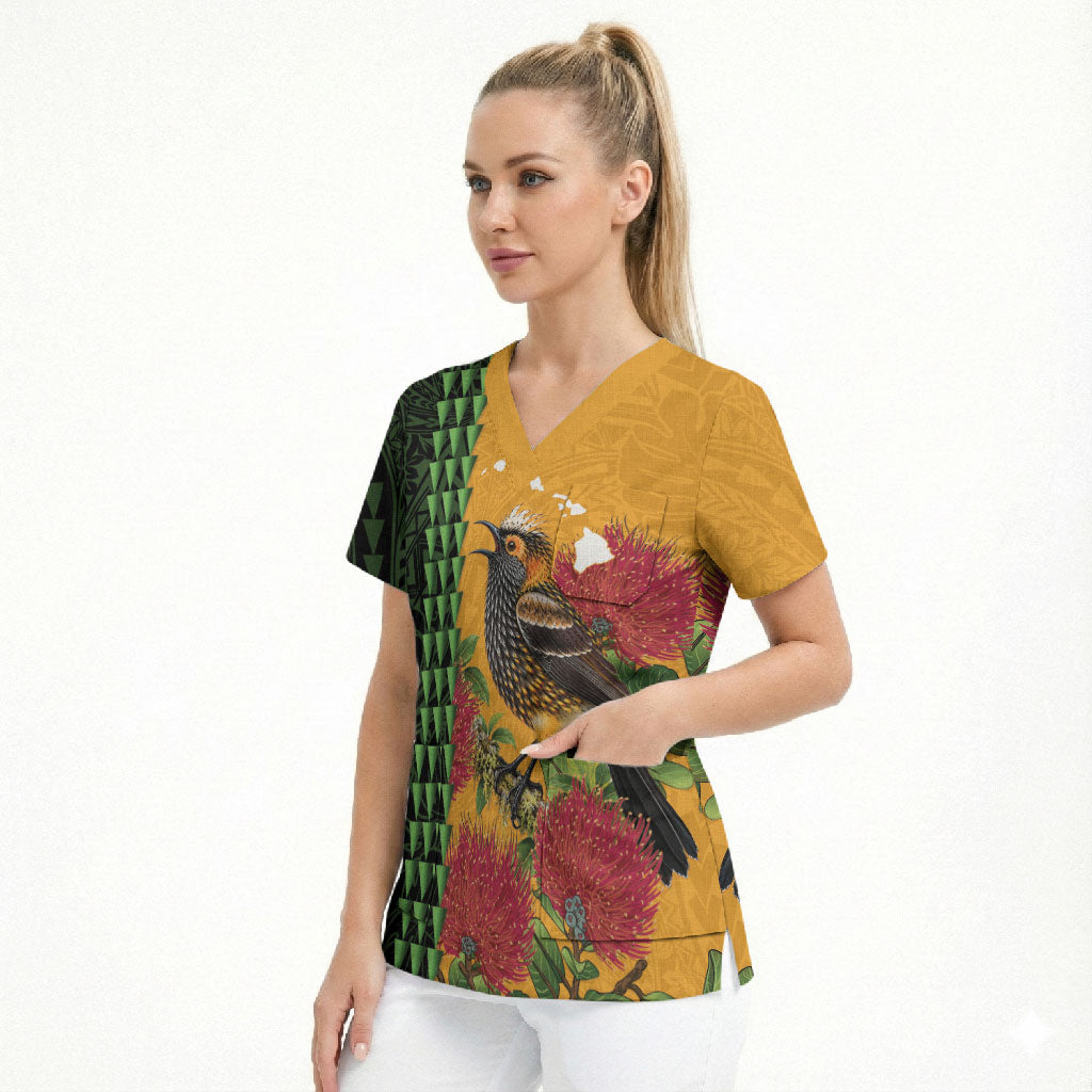 Personalized Hawaii Akohekohe Ohia Lehua Scrub Top Crested Honeycreeper Kakau Hawaiian Pattern LT14 - Polynesian Pride
