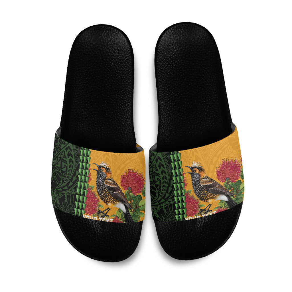 Personalized Hawaii Akohekohe Ohia Lehua Slide Sandals Crested Honeycreeper Kakau Hawaiian Pattern LT14 Orange - Polynesian Pride