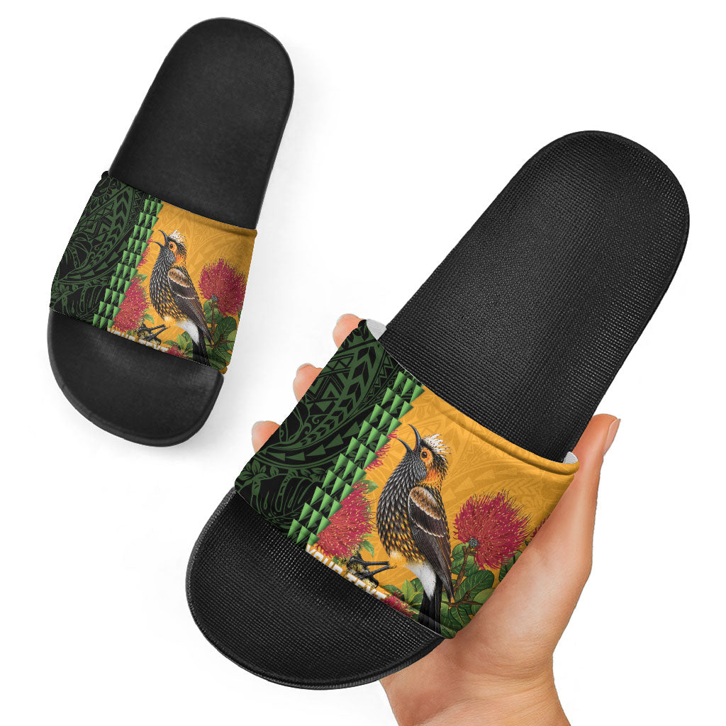 Personalized Hawaii Akohekohe Ohia Lehua Slide Sandals Crested Honeycreeper Kakau Hawaiian Pattern LT14 - Polynesian Pride