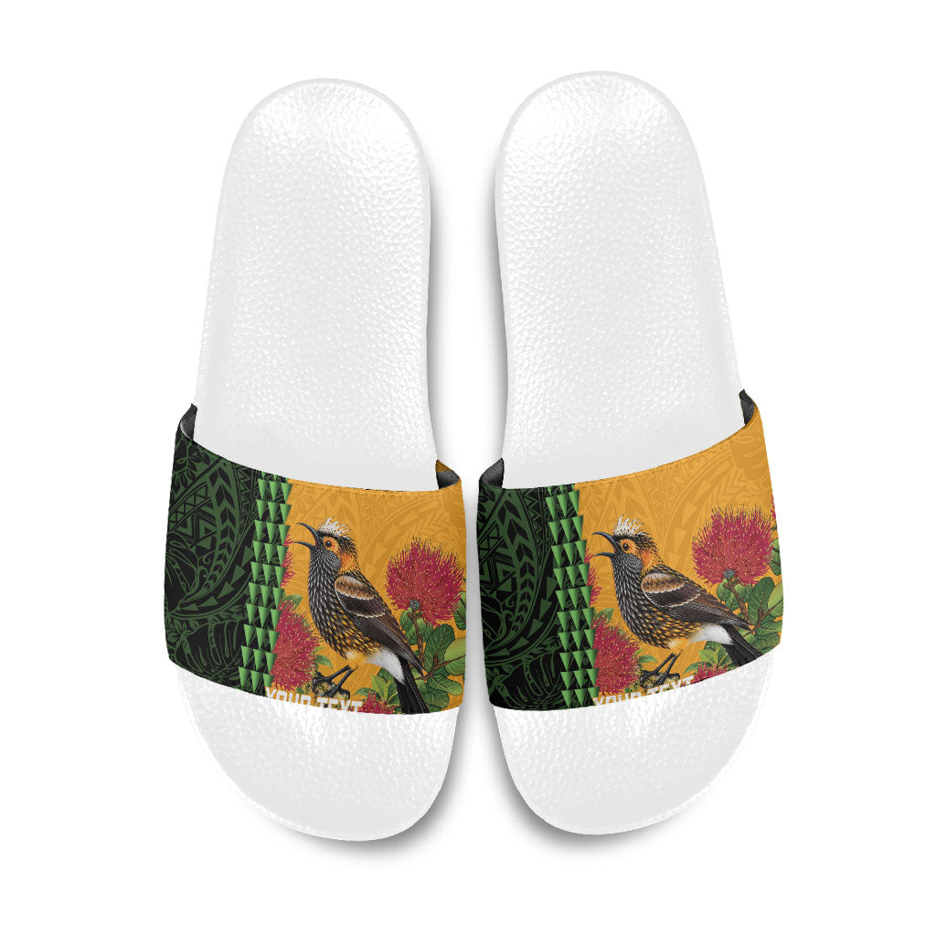 Personalized Hawaii Akohekohe Ohia Lehua Slide Sandals Crested Honeycreeper Kakau Hawaiian Pattern LT14 Orange - Polynesian Pride