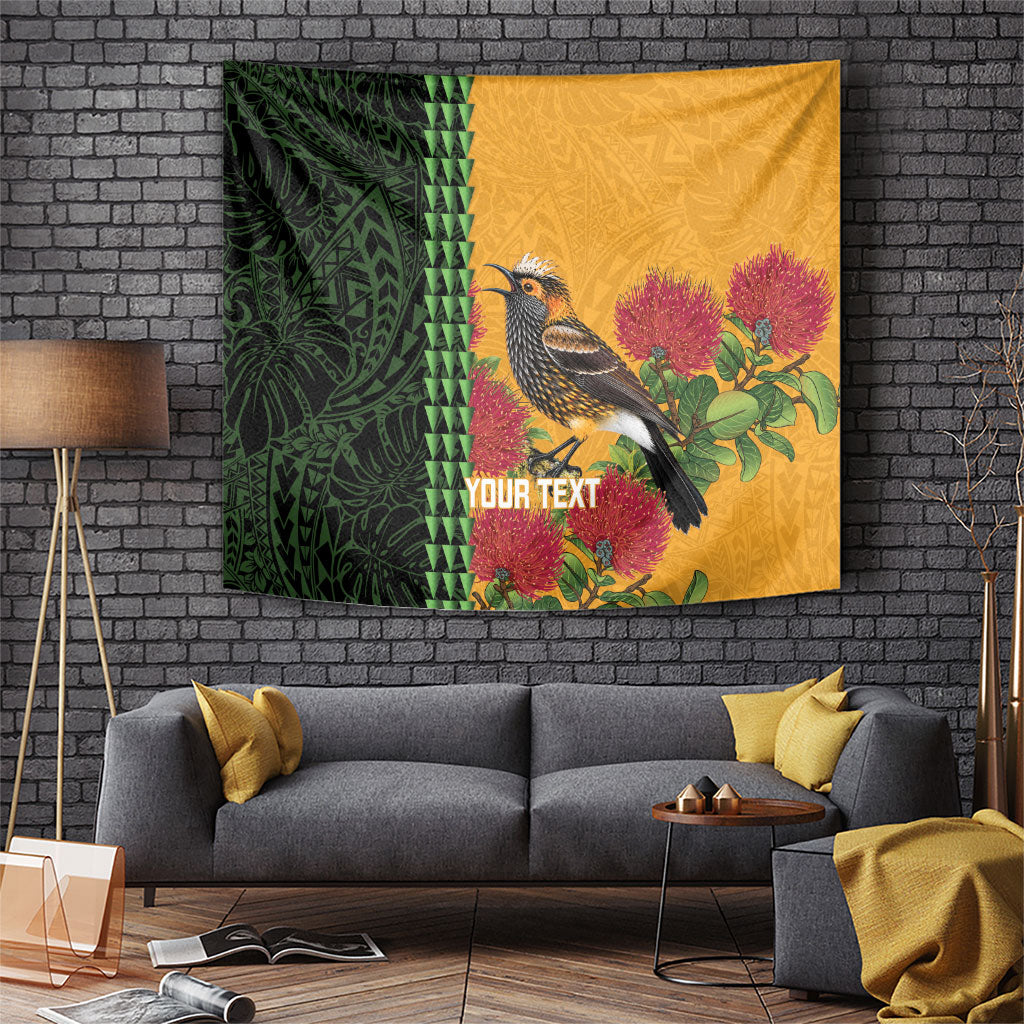 Personalized Hawaii Akohekohe Ohia Lehua Tapestry Crested Honeycreeper Kakau Hawaiian Pattern LT14 Orange - Polynesian Pride