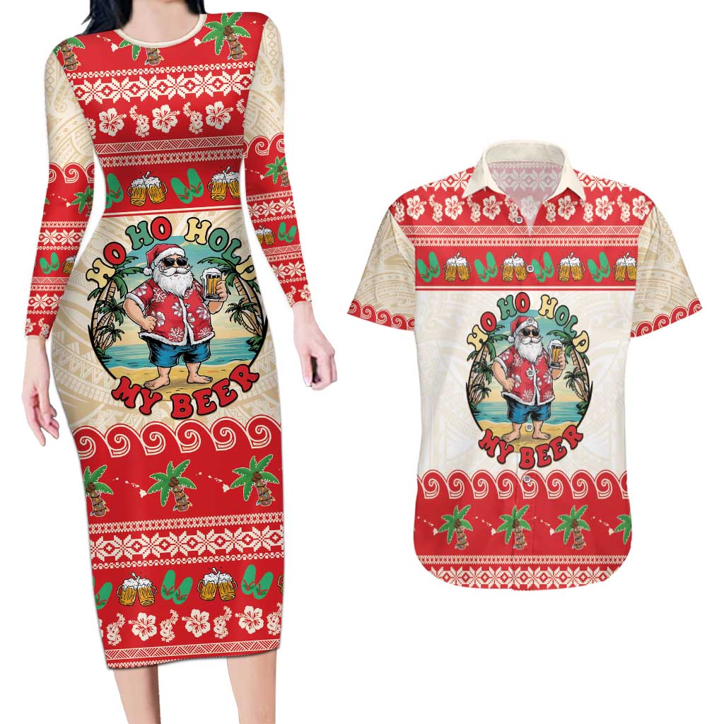 Mele Kalikimaka Hawaii Couples Matching Long Sleeve Bodycon Dress and Hawaiian Shirt Funny Beer-Loving Santa Hawaiian Tropical - Polynesian Pride