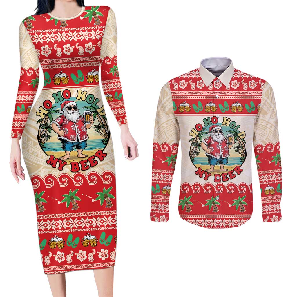Mele Kalikimaka Hawaii Couples Matching Long Sleeve Bodycon Dress and Long Sleeve Button Shirt Funny Beer-Loving Santa Hawaiian Tropical - Polynesian Pride