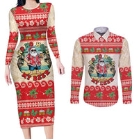 Mele Kalikimaka Hawaii Couples Matching Long Sleeve Bodycon Dress and Long Sleeve Button Shirt Funny Beer-Loving Santa Hawaiian Tropical - Polynesian Pride