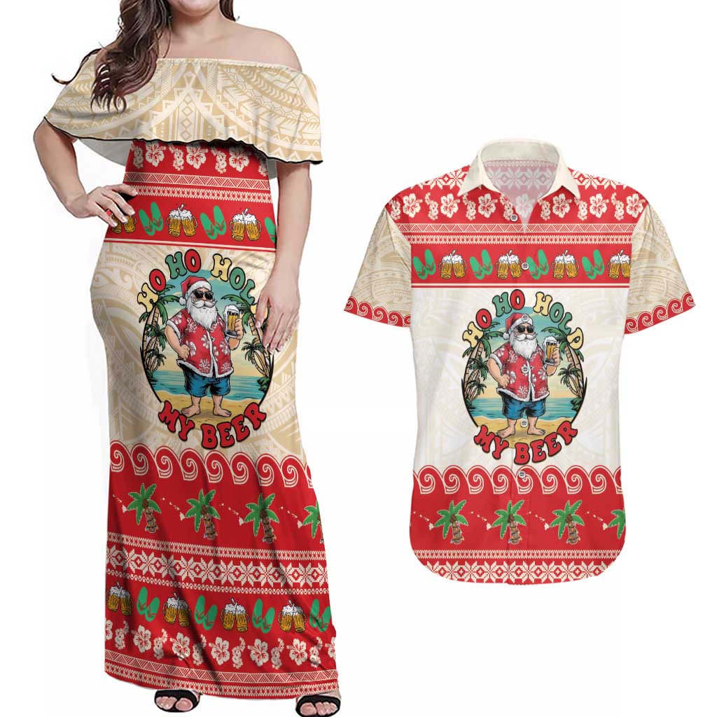 Mele Kalikimaka Hawaii Couples Matching Off Shoulder Maxi Dress and Hawaiian Shirt Funny Beer-Loving Santa Hawaiian Tropical - Polynesian Pride