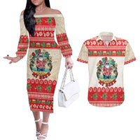 Mele Kalikimaka Hawaii Couples Matching Off The Shoulder Long Sleeve Dress and Hawaiian Shirt Funny Beer-Loving Santa Hawaiian Tropical - Polynesian Pride