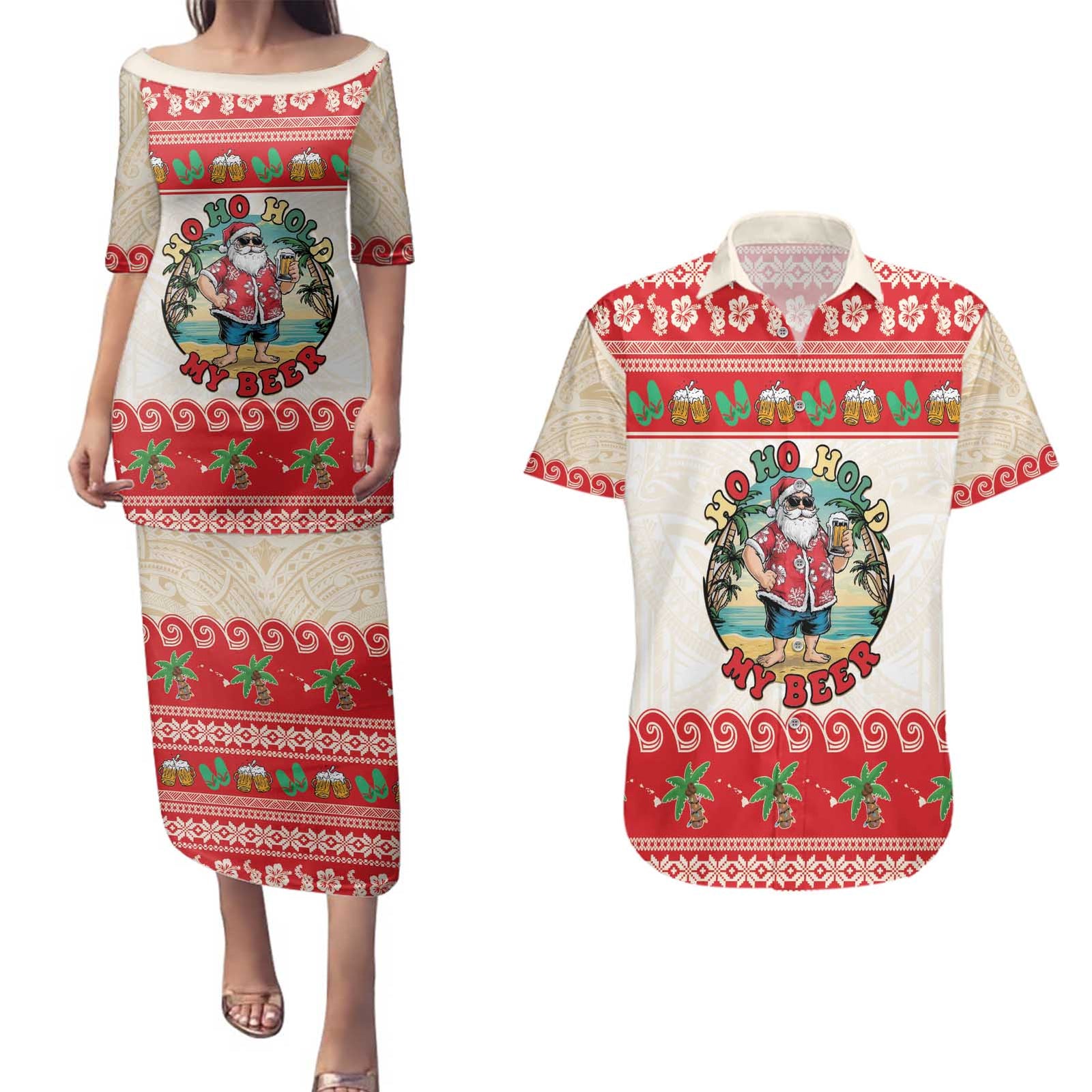 Mele Kalikimaka Hawaii Couples Matching Puletasi and Hawaiian Shirt Funny Beer-Loving Santa Hawaiian Tropical - Polynesian Pride