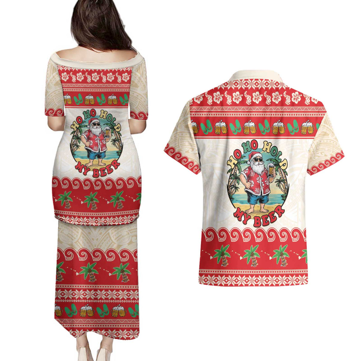 Mele Kalikimaka Hawaii Couples Matching Puletasi and Hawaiian Shirt Funny Beer-Loving Santa Hawaiian Tropical - Polynesian Pride