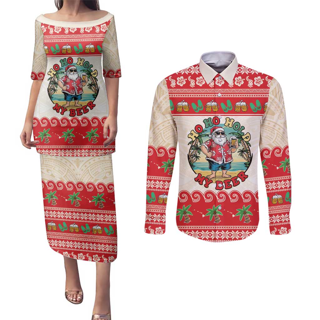 Mele Kalikimaka Hawaii Couples Matching Puletasi and Long Sleeve Button Shirt Funny Beer-Loving Santa Hawaiian Tropical - Polynesian Pride