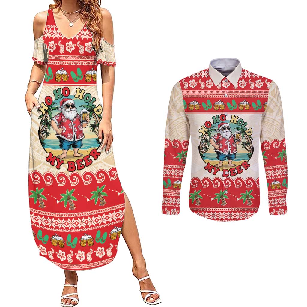 Mele Kalikimaka Hawaii Couples Matching Summer Maxi Dress and Long Sleeve Button Shirt Funny Beer-Loving Santa Hawaiian Tropical - Polynesian Pride