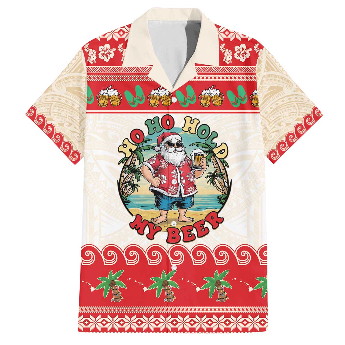 Mele Kalikimaka Hawaii Family Matching Off The Shoulder Long Sleeve Dress and Hawaiian Shirt Funny Beer-Loving Santa Hawaiian Tropical - Polynesian Pride